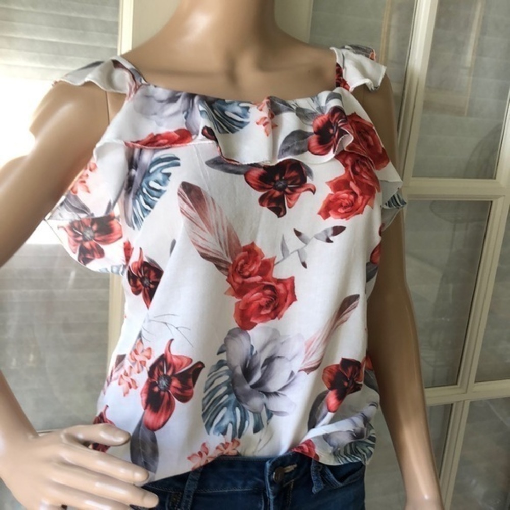 Blue Sand flirty feminine flowy floral ruffle sleeveless top